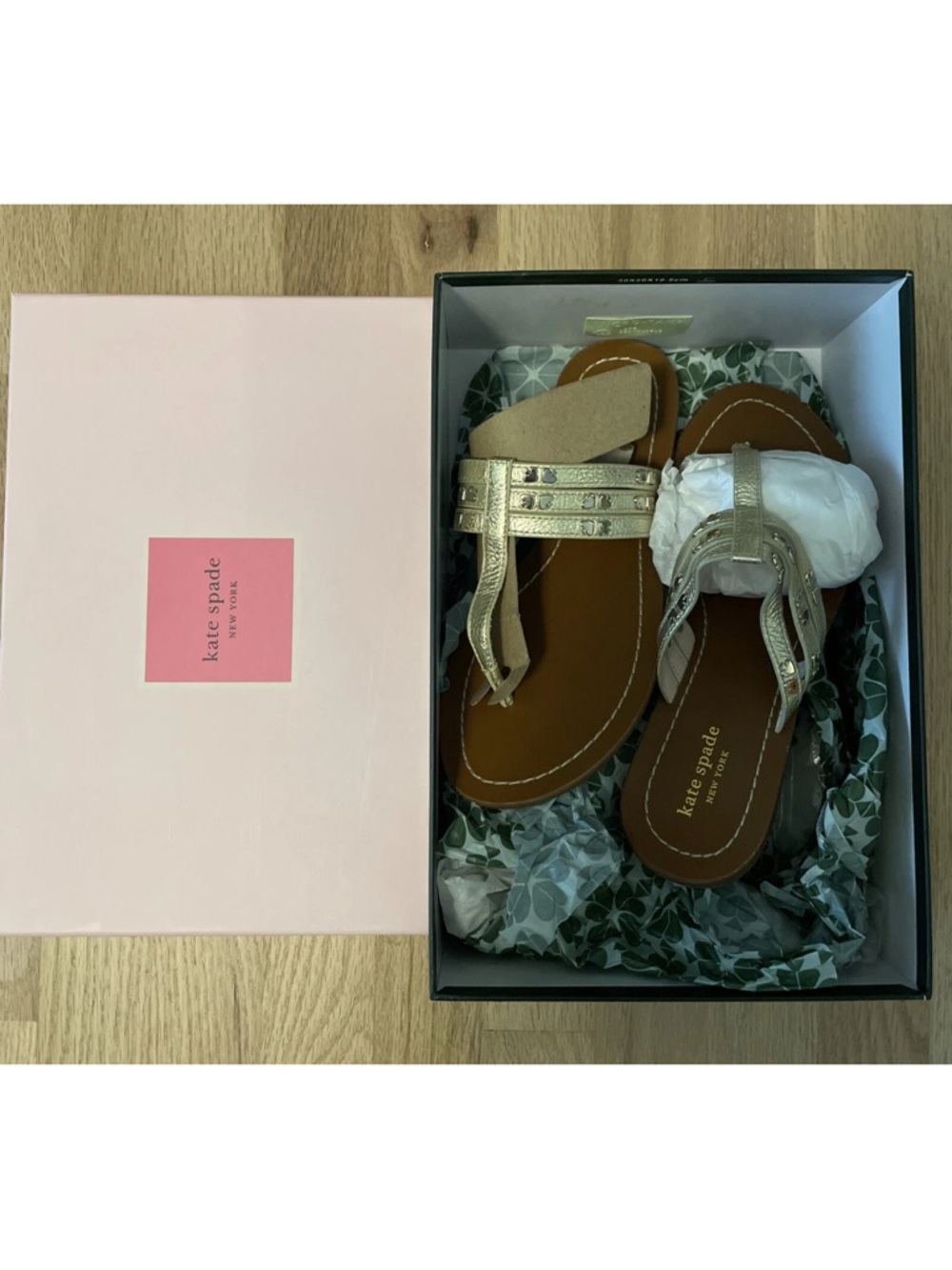 kate spade Gold Leather T-Strap Sandals with Stud Accents